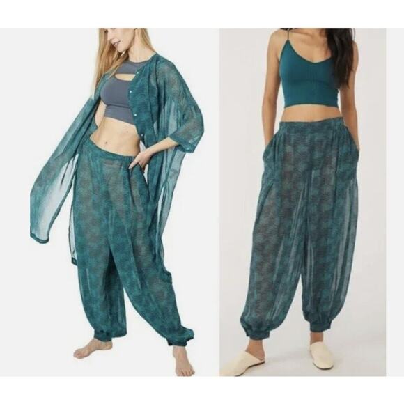 Free People More Chill Sleep Pants In Deep Sea Green Combo Size Small - Picture 1 of 11